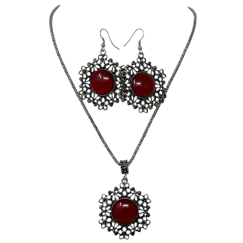 Dark Red Maroon Dot Filigree Grey Rhinestones Pendant Necklace Earrings Set